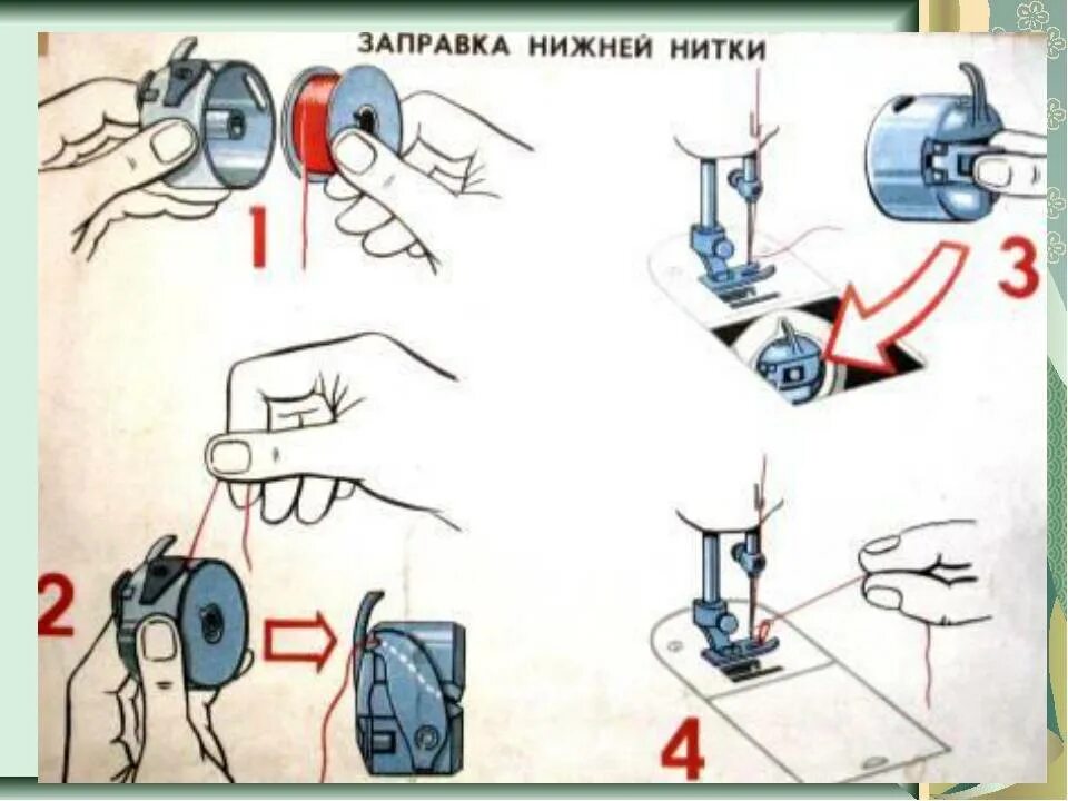 Как заправить швейную машинку снизу. Как вставить нитку в швейную машинку. Заправка шпульки в челнок швейной машинки Чайка 142м. Как заправить швейную машинку снизу шпулька.