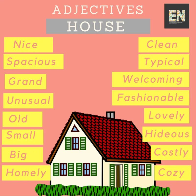 Adjectives for House. Adjectives to describe House. Description of the House adjectives. Adjectives describing Houses. House adjective