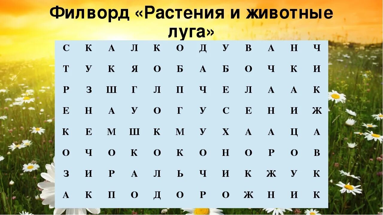 Найди слова животный ответы. Филворд растения и животные Луга. Филворд на тему растения. Луг для детей кроссворд. Филворд по теме цветы.