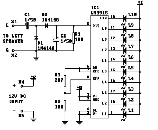 Индикатор для усилителя мощности на lm3915. Светодиодный индикатор уровня сигнала на lm3915 схема. Схема индикатора уровня сигнала на светодиодах lm3915. Светодиодный индикатор уровня сигнала (звука) на lm3915.