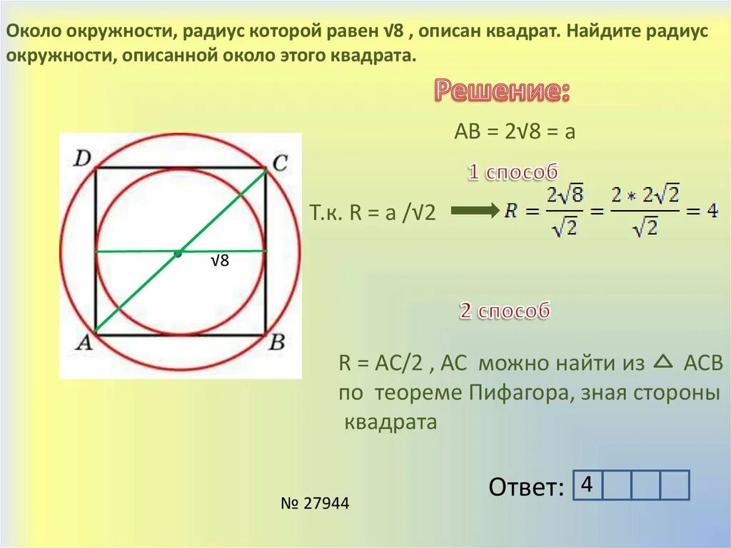 Окружность описанная около квадрата. Радиус окружности описанной около квадрата равен. Радиус описанной окружности вокруг квадрата. Радиус описанной окружности около квадрата. Формулы решения окружностей