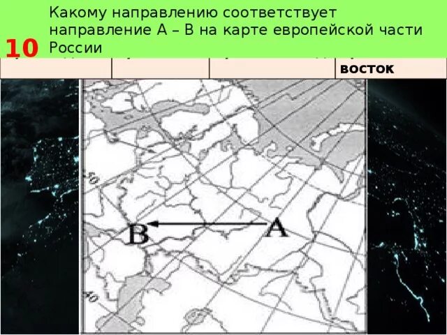 Европейская часть россии 1 вариант. Какому направлению соответствует направление а в на карте России. Какому направлению соответствует направление а в. Восток на карте направление. Юго Восток направление на карте.