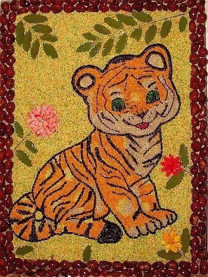 Тигр из природного материала. Тигр из крупы. аппликация тигр из крупы.