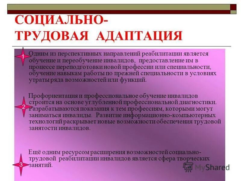 Интеграция и адаптация инвалидов. Трудовая и социальная адаптация. Трудовая адаптация инвалидов. Программы социально трудовой адаптации инвалидов. Виды адаптации инвалидов.