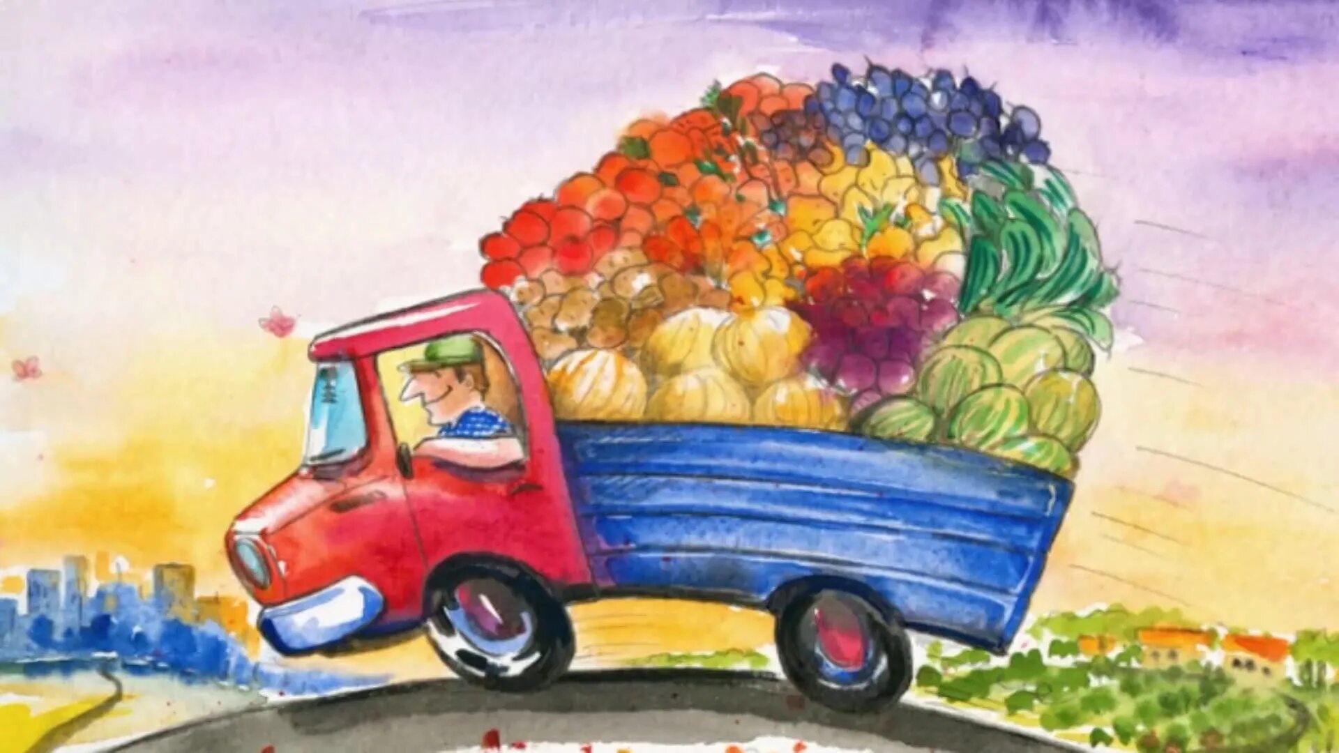 Праздник урожая рисунок. Иллюстрации машины везут урожай овощи и фрукты. Рисования уборка урожая для детей подготовительной. Машина везет урожай.