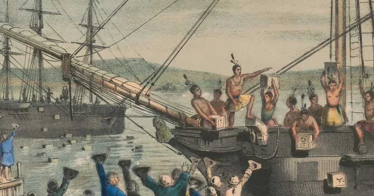 Расположи в хронологической последовательности бостонское чаепитие. Бостонское чаепитие 1773 г. Boston Tea Party 1773. Бостонское чаепитие картина. Корабельщики и корабль.