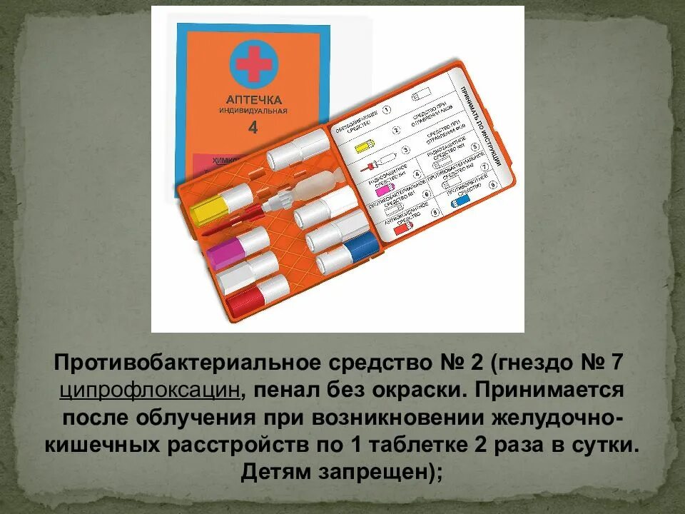 Средства индивидуальной аптечки. Аптечка индивидуальная АИ-4. Радиозащитное средство № 2 (гнездо № 6 АИ-2). Аптечка индивидуальная АИ-II (до 2006 г). Аптечка АИ 2 И АИ 4.