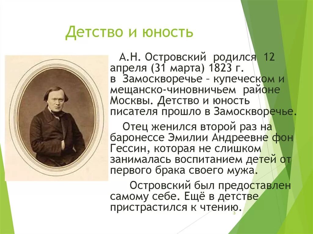 Детство и юность писателя. А Н Островский в юности.