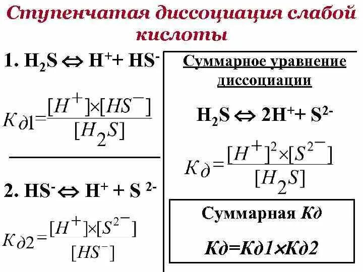 Ступенчатая диссоциация кислот. Выражение константы диссоциации для сероводородной кислоты. Константа диссоциации фосфорной кислоты по ступеням. Константа диссоциации сероводорода. Диссоциация слабых кислот.