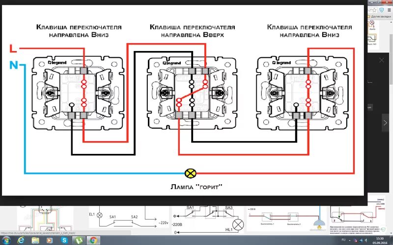 Схема подключения двухклавишного проходного переключателя с 3 мест. Проходной переключатель с 3-х мест Легранд. Схема подключения перекрестного выключателя с трех мест на 2. Схема расключения двухклавишных проходных выключателей с 3 мест. Двухклавишный проходной трех мест