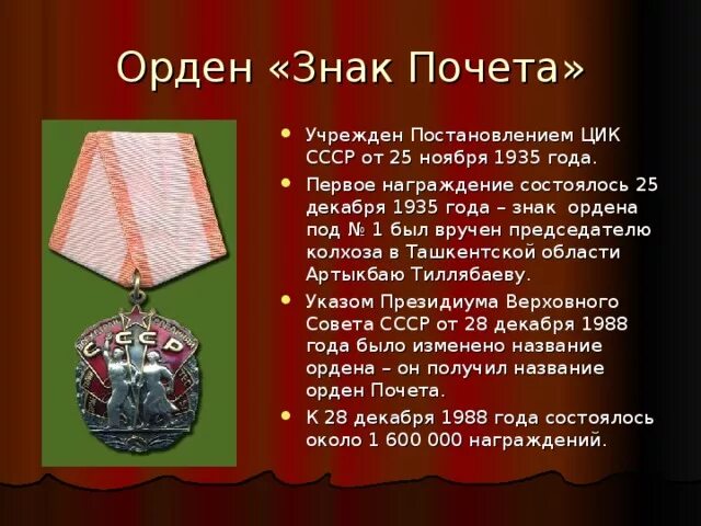 Орден знак почёта 1935. Орден знак почета 25.11.1935. В СССР учрежден орден «знак почета». Награда знак почета.