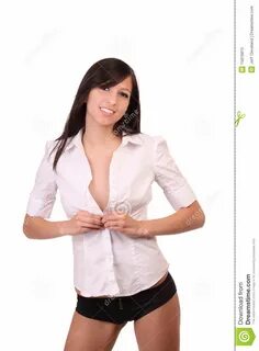 Young Caucasian Woman Unbuttoning White Shirt Stock Image - Image of white,...