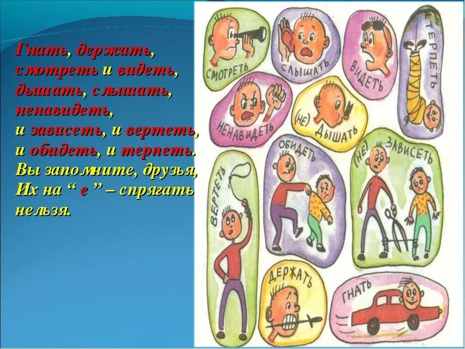 Слышать правило стих. Рисунок на тему глагол. Глаголы гнать держать слышать дышать видеть. Глаголы исключения в виде картинок. Стишок про спряжение глаголов.