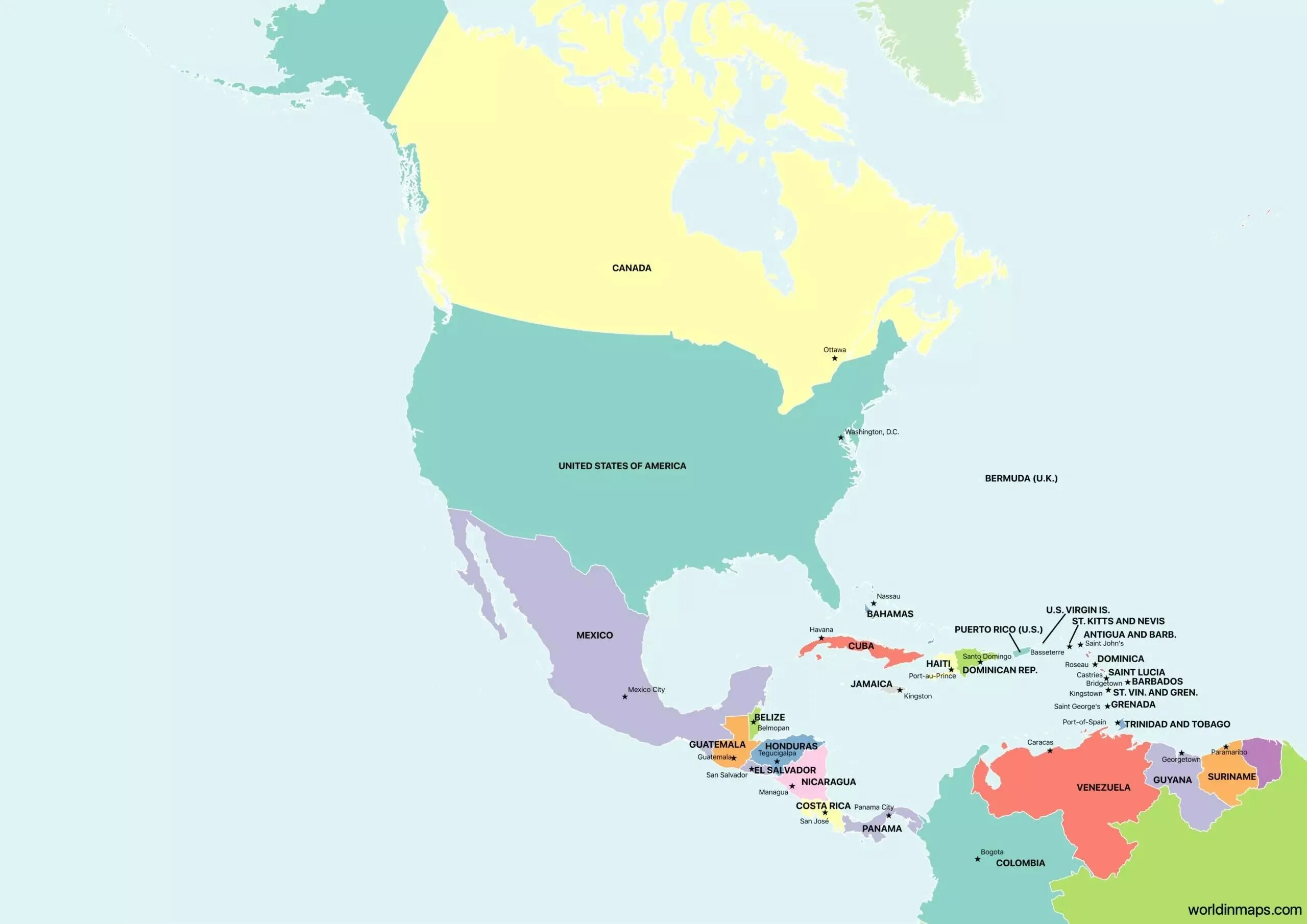 Политическая карта Северной Америки. Политическая карта Сев Америки. Страны Северной Америки.