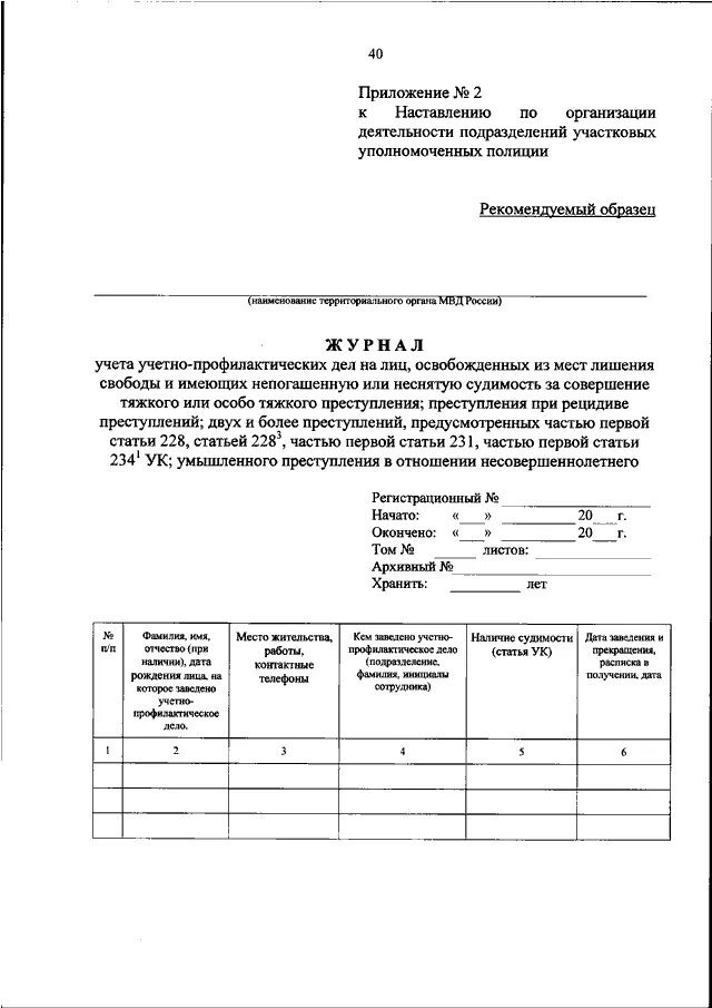 Приказ о несении службы участковым уполномоченным полиции