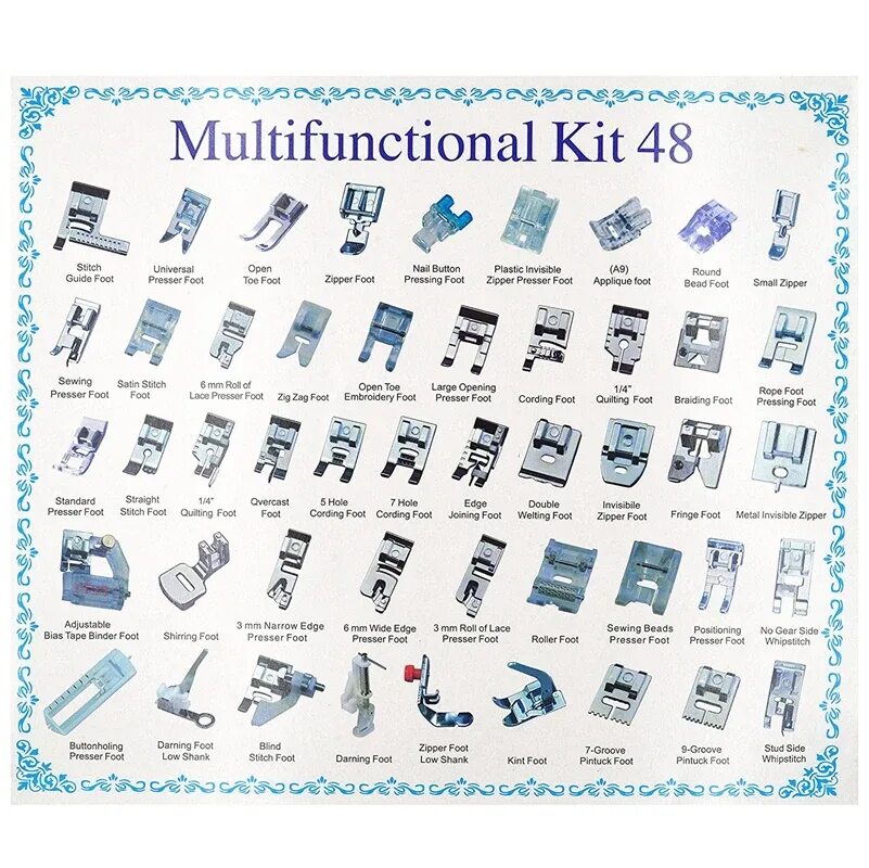 Описание швейных лапок. Набор лапок 32 шт для швейной машины Janome. Набор лапок для швейных машин 62 шт. Лапок 48 шт для бытовых швейных машин. Multifunction Kit 32 названия лапок для швейной машины