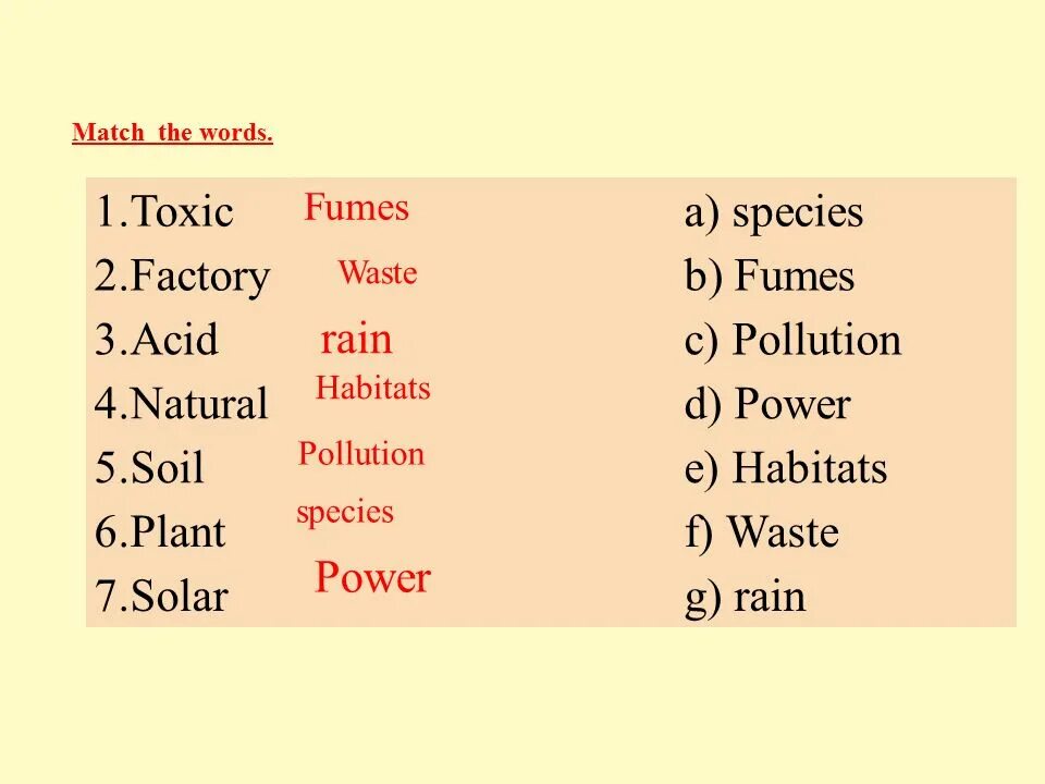 Match the words endangered. Fumes pollution Rain Habitat Power waste. Match the Words Solar endangered. Toxic fumes. A Toxic Factory acid natural Soil Plant Solar b a species b fumes pollution d Power Habitats e f waste § Rain.