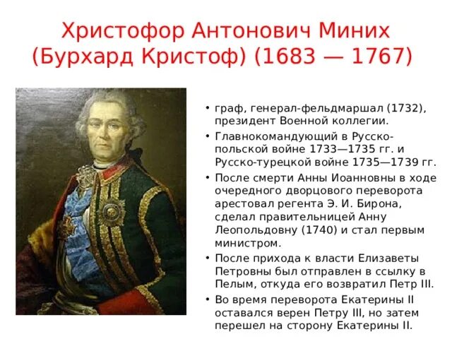 Миних Бурхард Кристоф(1683-1767). Фельдмаршал Бурхард Миних. Б х миних чем известен