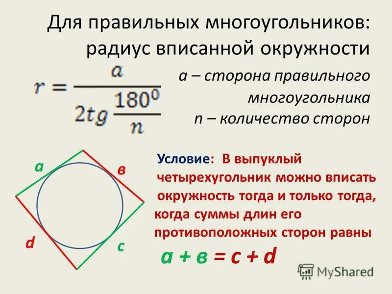 Изображен квадрат найдите радиус вписанной окружности. Формула для нахождения радиуса окружности, вписанной в многоугольник. Формула нахождения радиуса вписанного многоугольника. Вписанные и описанные правильные многоугольники. Формулы вписанной и описанной окружности.