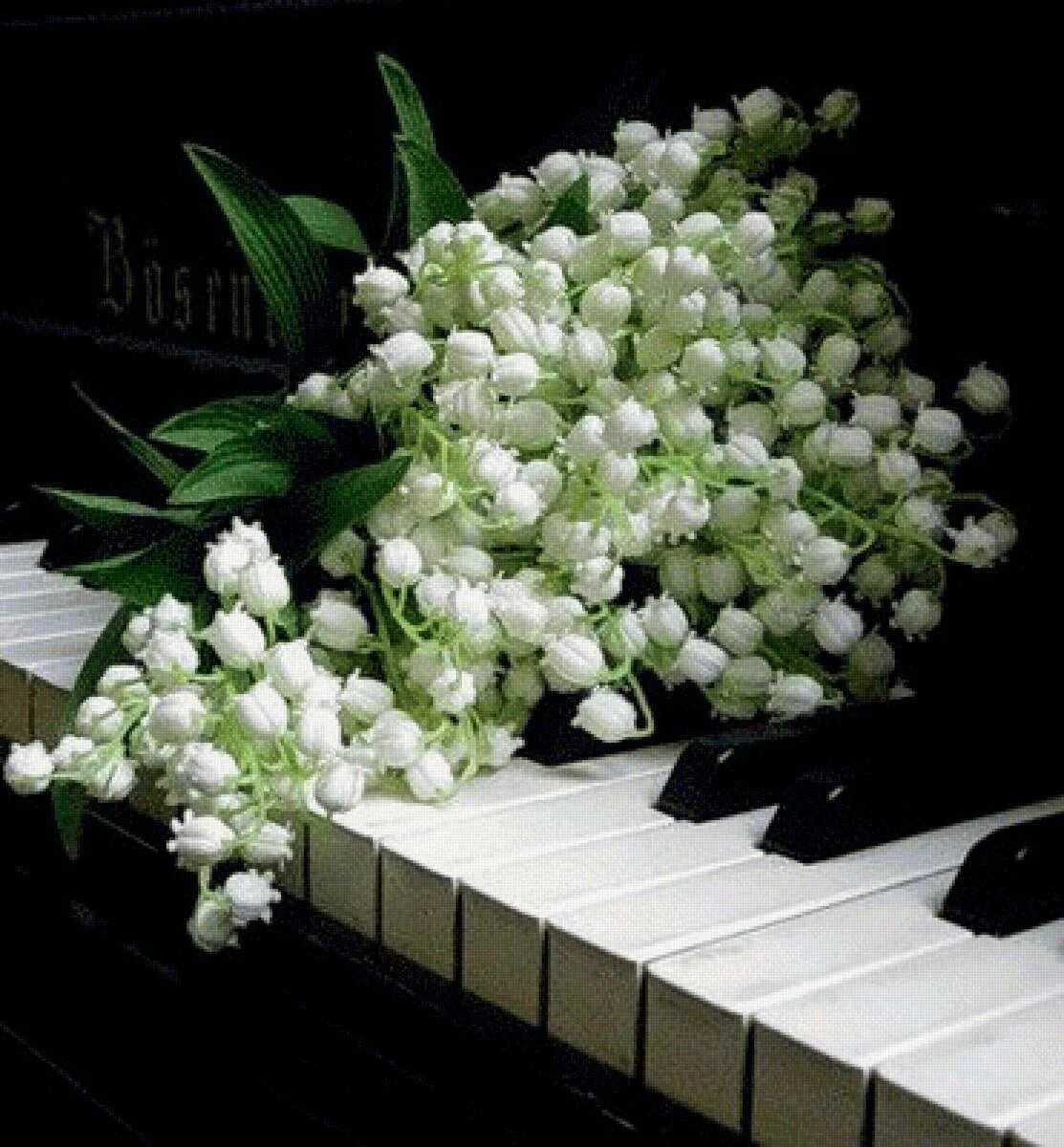 Звучание весны. Цветы на рояле. Красивый букет ландышей. Музыкальный букет цветов. Букет цветов на рояле.