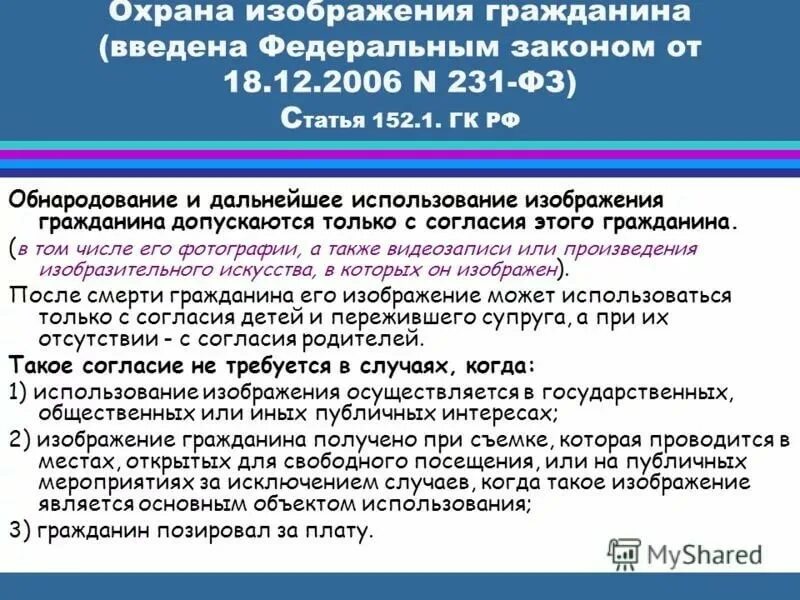 Без согласия правообладателя допускается. Федеральный закон 231. Статья за использование чужих фотографий. Охрана изображения гражданина. Защита изображения гражданина.