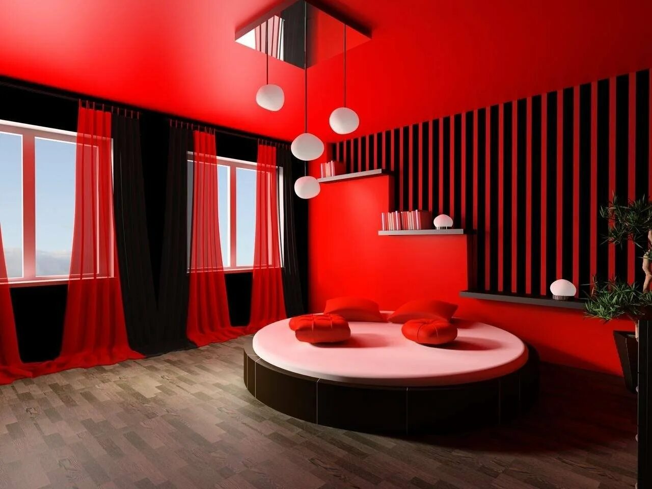 Красный хай. Красно черная спальня. Красный интерьер комнаты. Интерьер в красных тонах. Красные шторы.