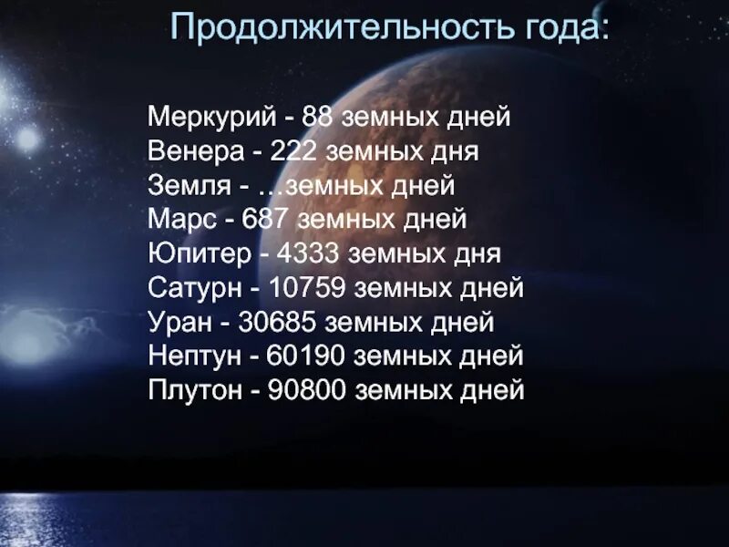 Сколько лет жизни на планете. Меркурий Продолжительность года. Продолжительность года Меркурия планеты. Длительность года планет. Продолжительность года на земных планетах.