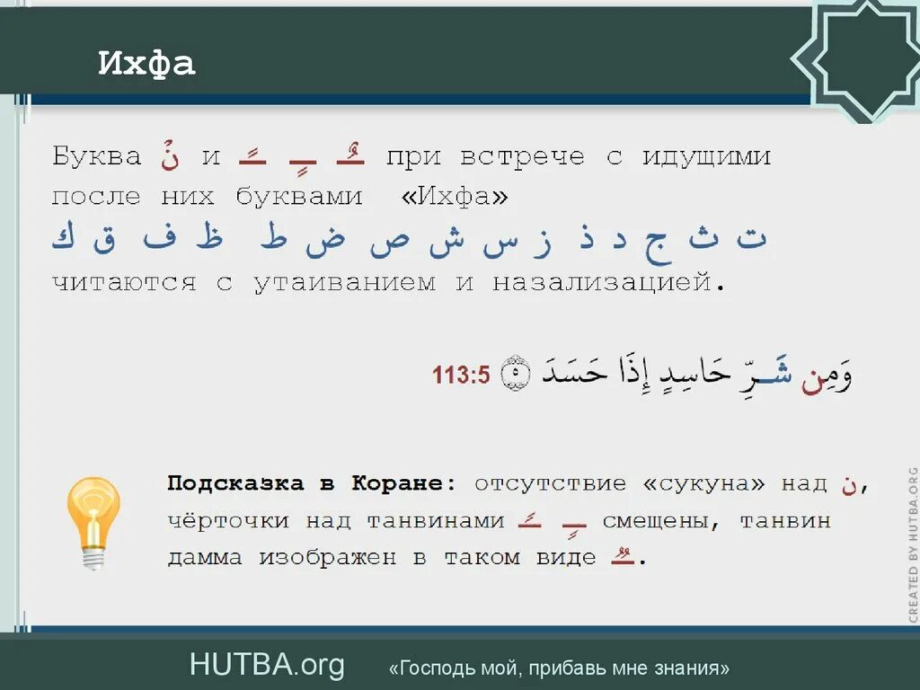 Рецитация корана 2 часть 2 урок. Правило НУН С сукуном Ихфа. Ихфа правило таджвида. Таблица Изхар Идгам Икляб Ихфа. Правила чтения Корана.