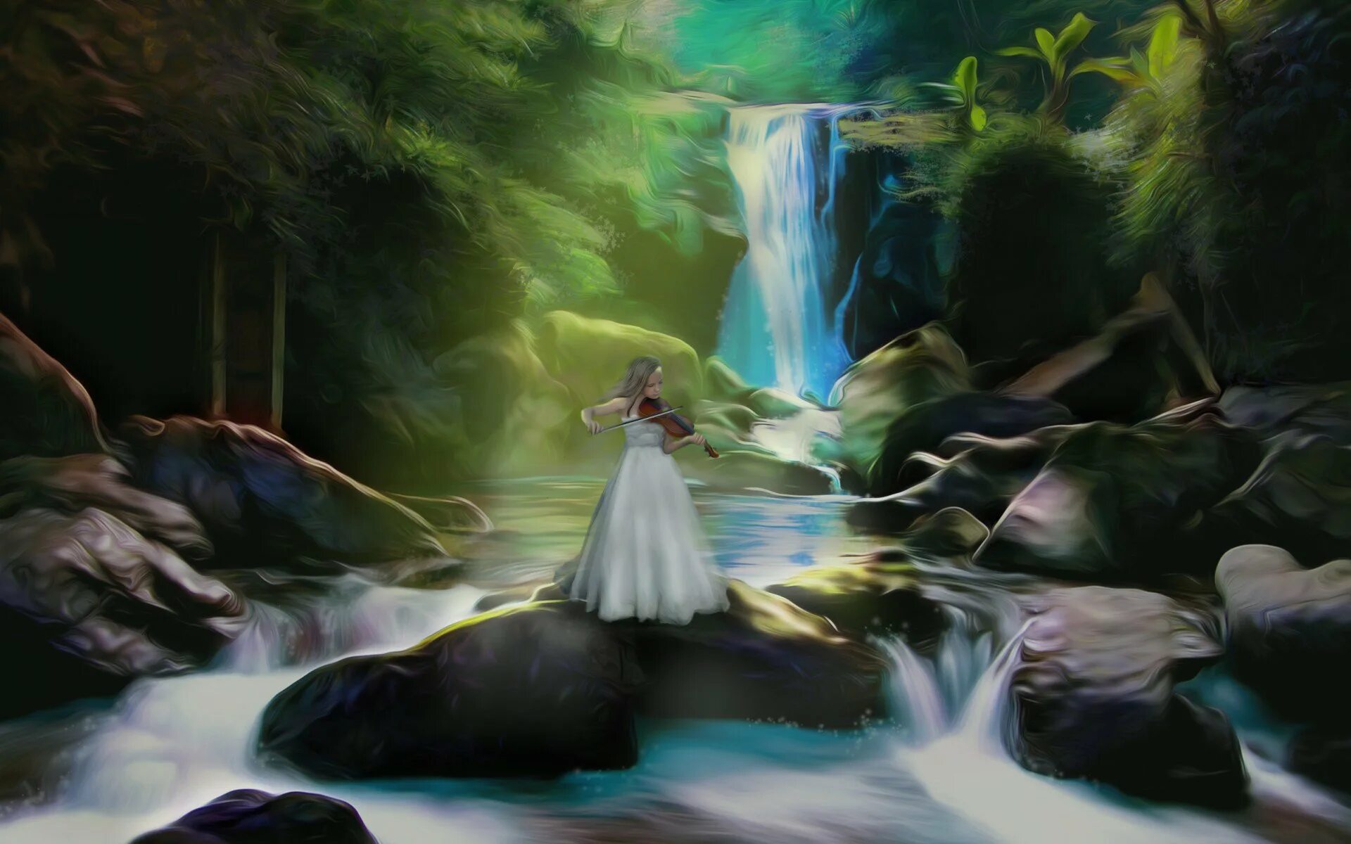 Сказочный водопад. Сказочный ручей. Девушка река фэнтези. Картины фэнтези природа.