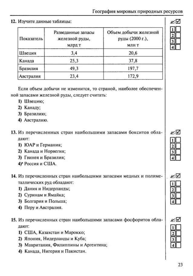 Тест по географии по природным ресурсам