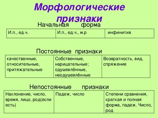 Непостоянные признаки прилагательного 5 класс. Морфологические признаки существительных прилагательных глаголов. Постоянные признаки по начальной форме. Морфологические пртзнак. Морфология признаки.