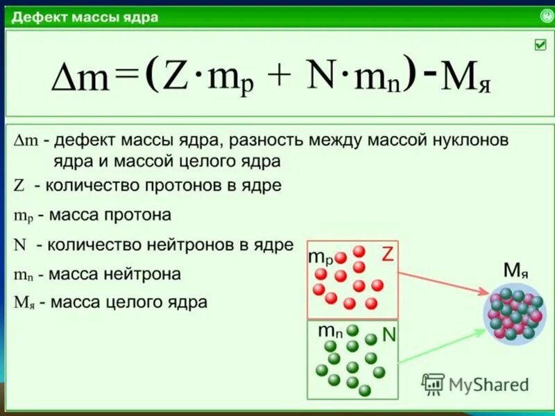 Какова масса ядра. Формула дефекта масс атомного ядра. Формула расчета дефекта массы атомного ядра. Дефект масс атомного ядра равен. Дефект массы ядра определяется формулой:.