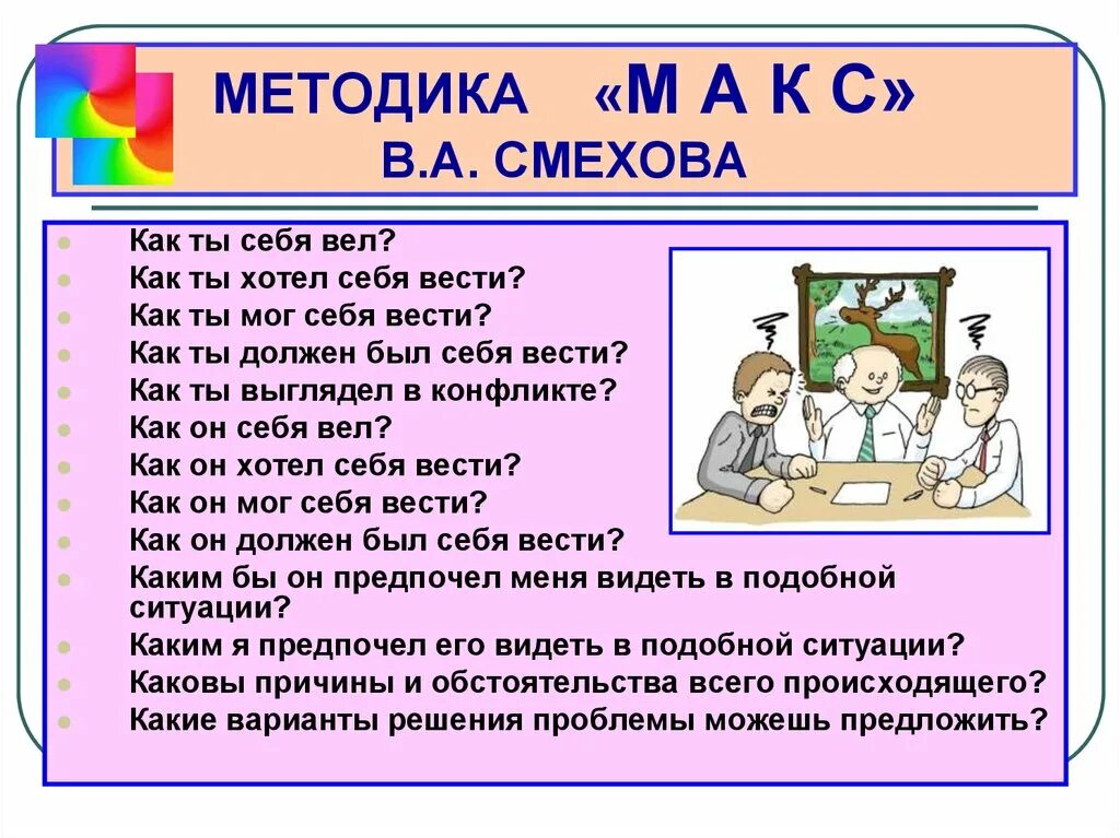 Методика к м н м. Семишаговая методика анализа и оценки ситуации в конфликте. Психологический анализ ситуации направлен на то, чтобы:. Методики анализа конфликта Смехов. Пример конфликта по методике в а Смехова.