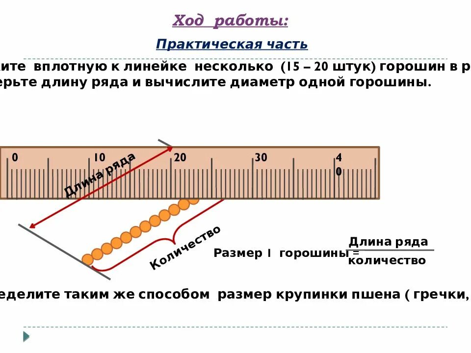 Способ рядов. Определите диаметр одной горошины. Положите вплотную к линейке 20 горошин измерьте. Линейка с диаметрами.