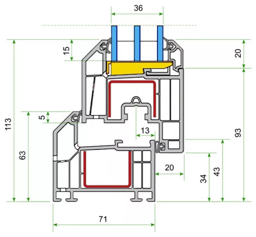 Толщина профиля окон ПВХ. Профиль окна ПВХ чертеж. Размеры оконного профиля ПВХ. Ширина профиля окна ПВХ 70мм. Двухкамерный профиль пвх