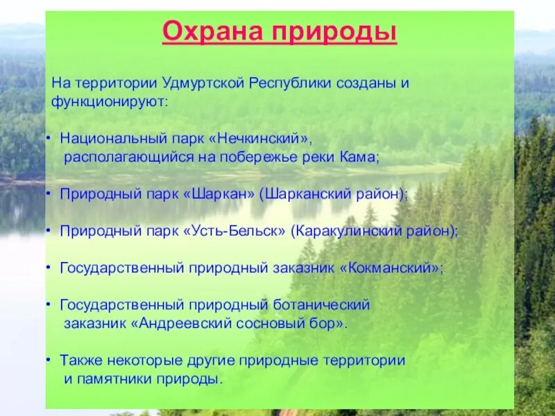 Особенности природных парков. Заповедники Удмуртии доклад. Охрана природы Удмуртии. Национальные заповедники национальные парки в Удмуртии. Разнообразие природы Удмуртии.