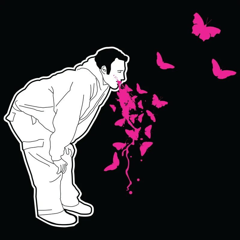 рвет бабочками. крылья мотылька. рисунок от ненависти до любви. бабочка с поломанным крылом. девушка блюет сердечками.