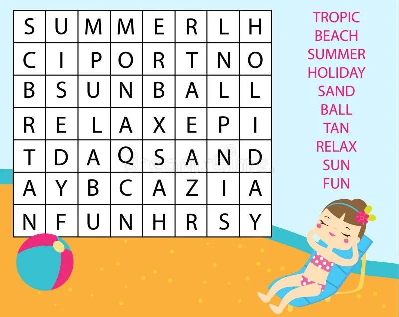 Word Puzzles for Kids. Summer Puzzles for Kids. Word Puzzles and games. Summer Words for Kids.