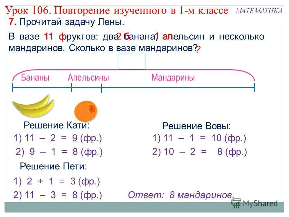 Задача про бананы. Задачи про бананы 2 класс. Прочитай задачу. Мандарин задания по математике. Математика 2 класс 106 урок