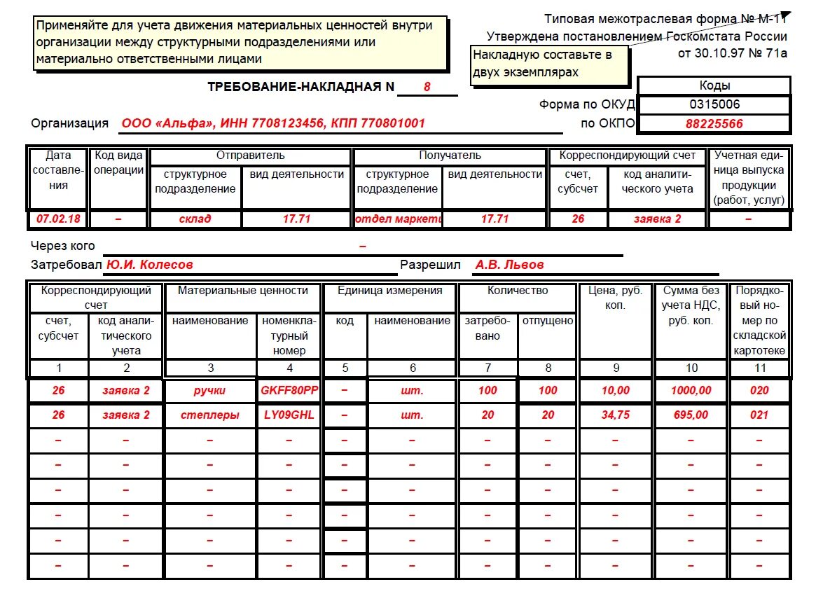 Форма 11 2023 инструкция. Пример требование-накладной (форма м-11). М-11 требование-накладная образец. Требование накладная пример заполнения. Пример заполнения требования накладной формы м-11.