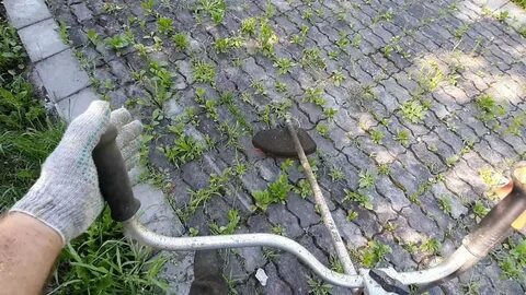 Чистка тротуарной плитки триммером