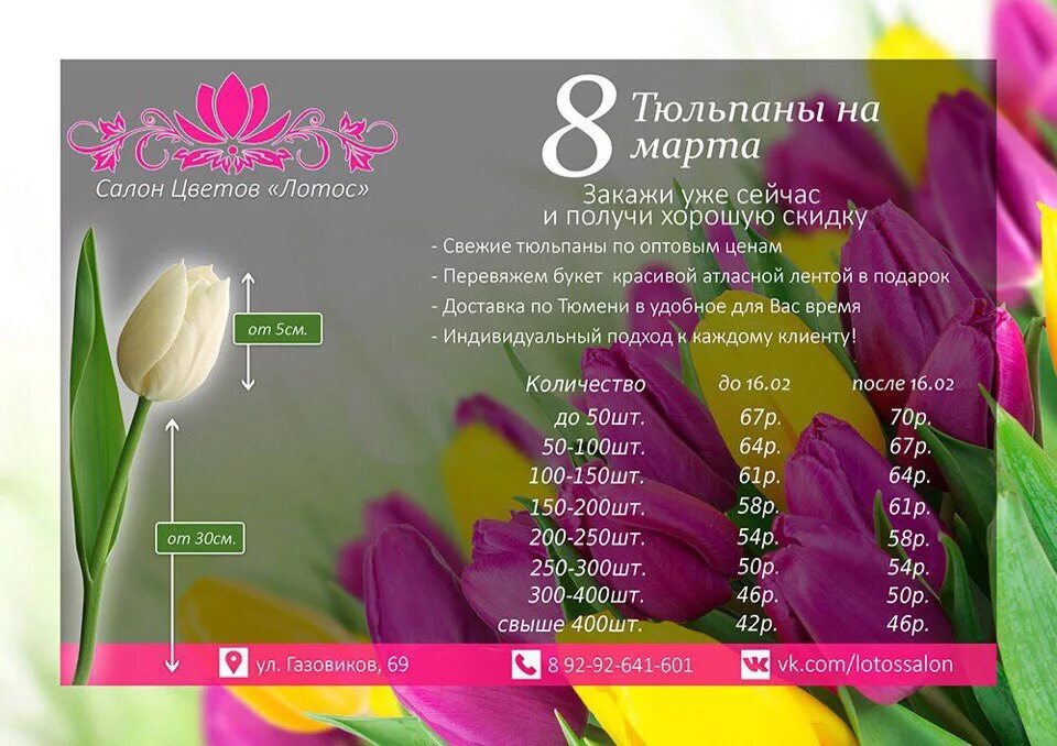 Тюльпаны визитка. Листовка тюльпаны. Реклама цветочного магазина. Коммерческое предложение на тюльпаны.