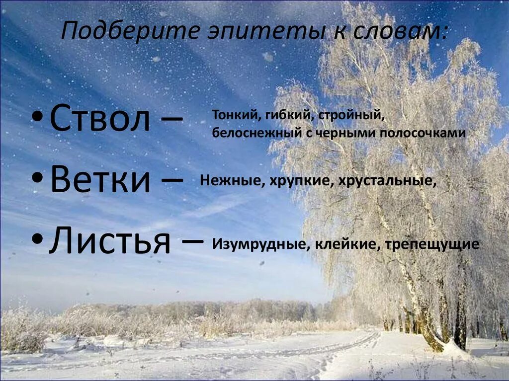 С лета какое слово. Слова эпитеты. Подберите эпитеты к словам. Эпитеты к слову снег. Эпитеты на тему зима.