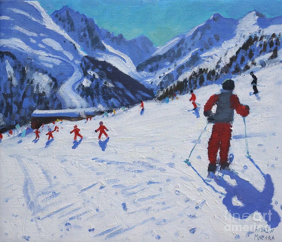 Картина лыжники. Горные лыжи живопись. Живопись горнолыжный спорт. Пейзаж с лыжниками. Катание на лыжах в живописи.