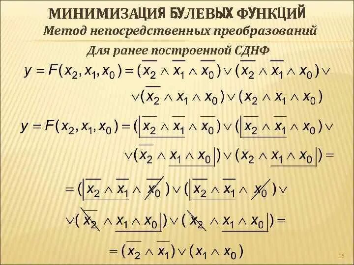 Минимизация логических функций СДНФ. Минимализациябулевых функций. Минимизация булевых функций. Метод непосредственных преобразований. Преобразование сднф