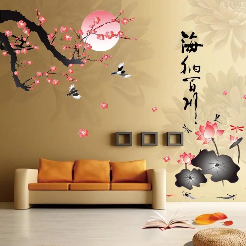 Сакура на стене. Фотообои в японском стиле для стен. Стена в японском стиле. Роспись стен в японском стиле. Ветка Сакуры на стене.