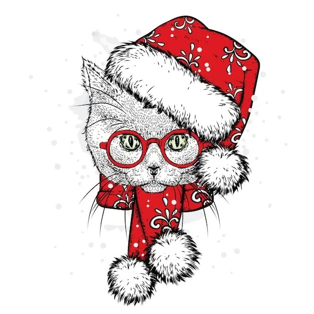 Котик в новогодней шапке рисунок. Котик в новогодней шляпе. новогодний котик в шляпке. котёнок в новогодней шляпе рисунок. котик в новогодней шапке векторная графика.