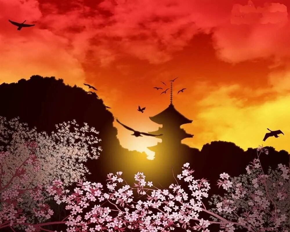 японский пейзаж рисунок. закат в японии. япония солнце живопись. изобразительное искусство японии фудзияма. пейзаж вектор.