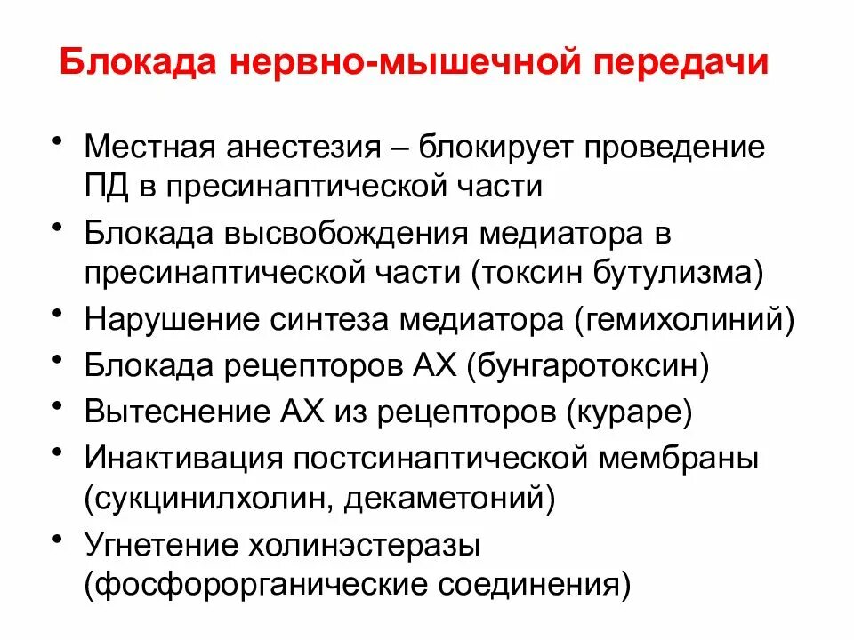 Блокада нервно мышечной передачи. Механизмы блокирования нервно-мышечной передачи. Блокада синаптической передачи. Механизмами блокады синаптической передачи возбуждения являются.