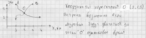 Определите координаты пересечения траекторий двух муравьев